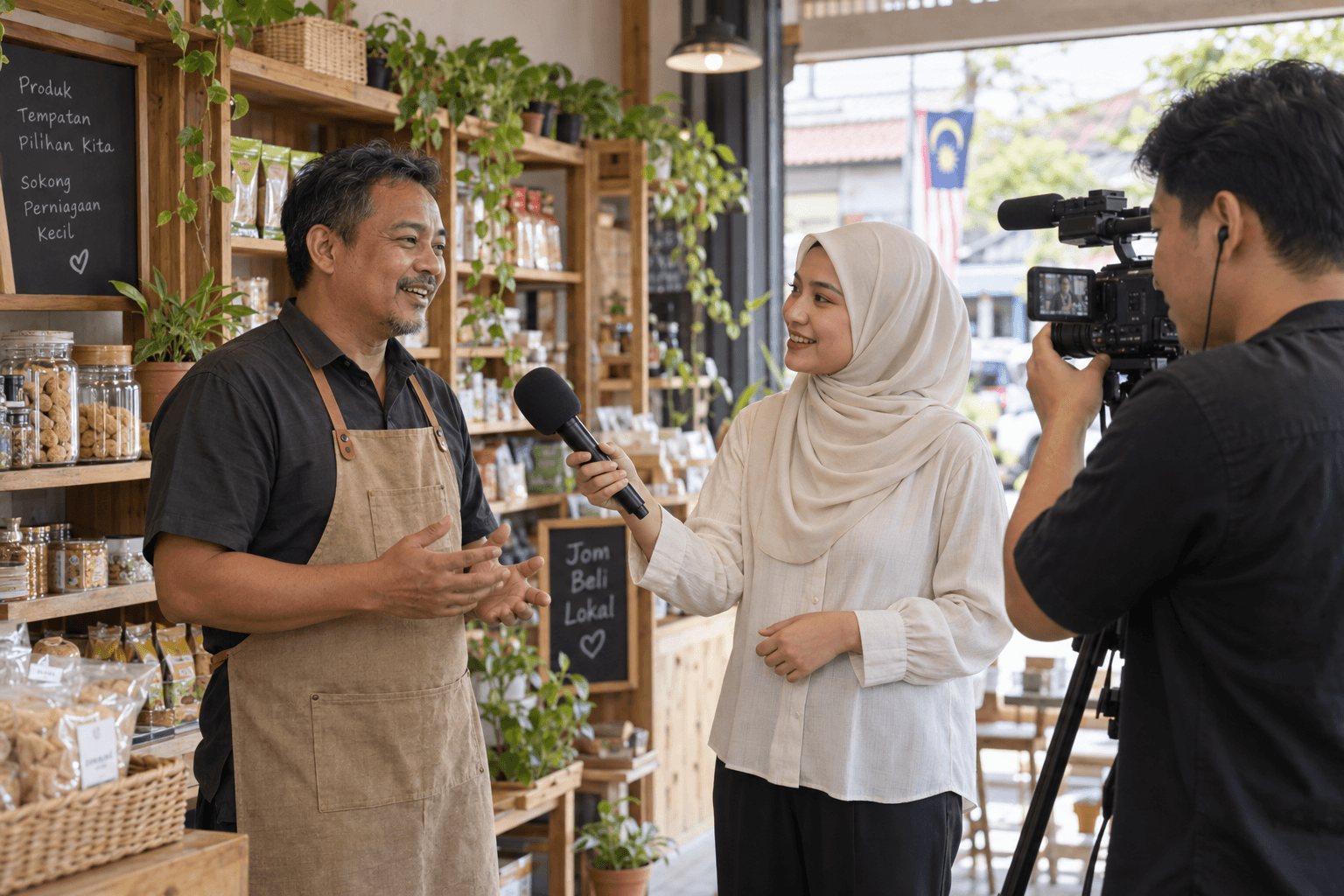 AI-generated illustrative scene of a Malaysian reporter and camera operator interviewing a local shop owner