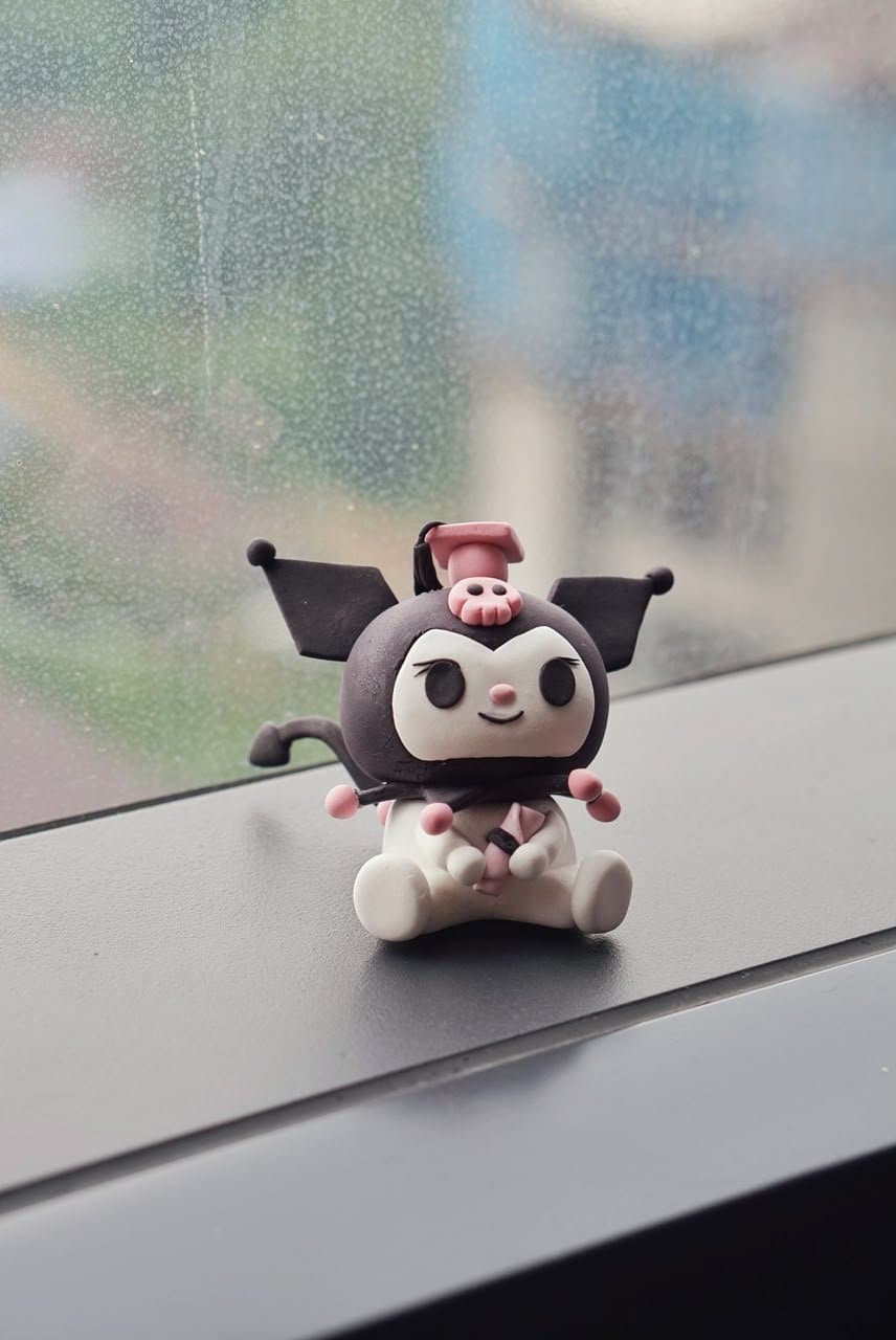 A small black, white and pink handmade clay character doll by a window