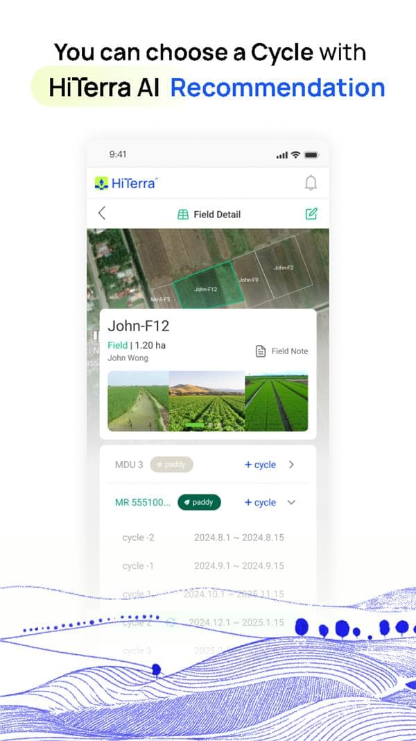 HiTerra app preview showing its farming-cycle recommendation interface.