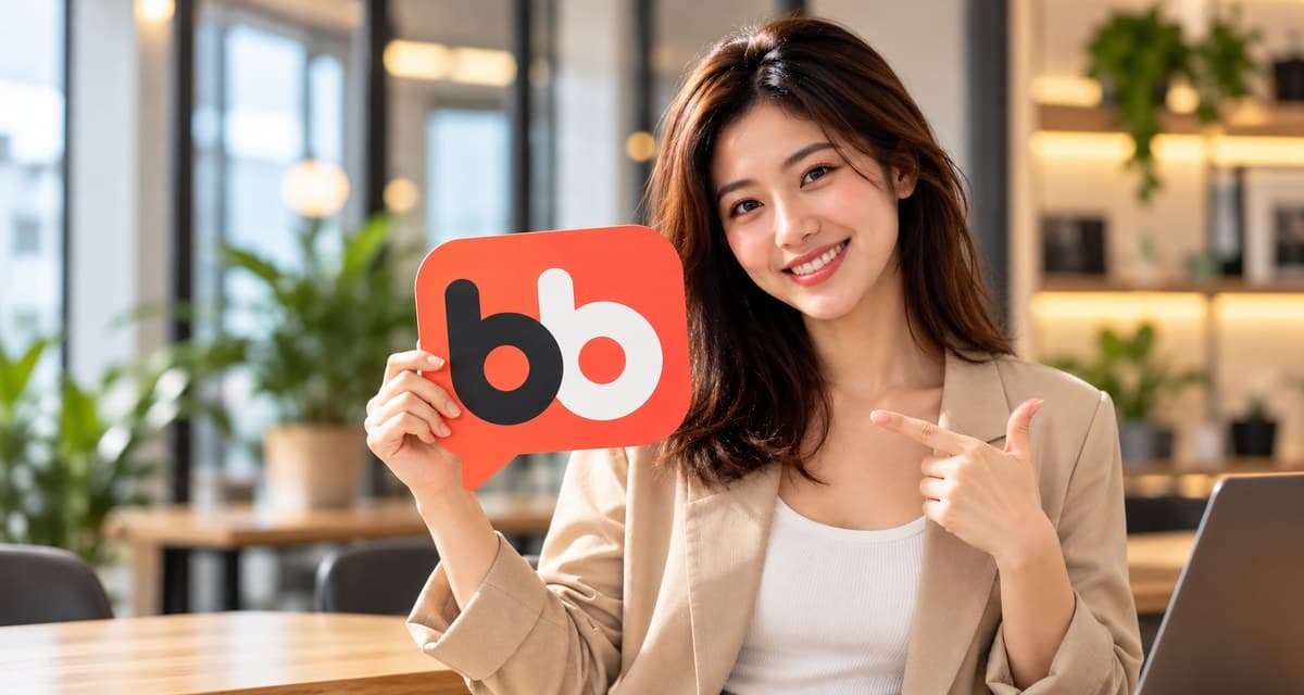 Betul Betul promotional image of a smiling woman holding a coral BB logo sign