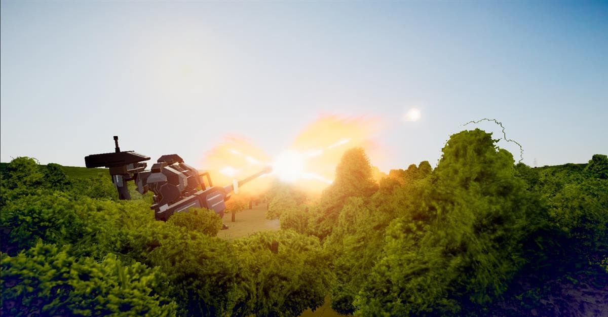 A mech fires above the trees in the Forest environment.