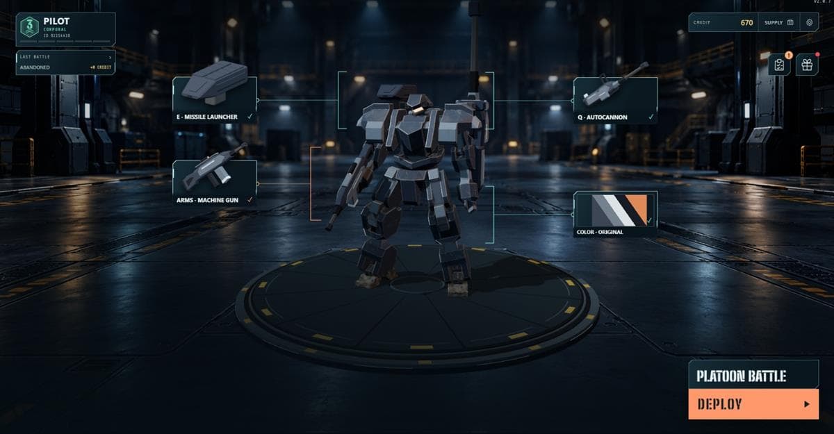 The hangar brings arm weapons, back units and colour choices into one loadout.