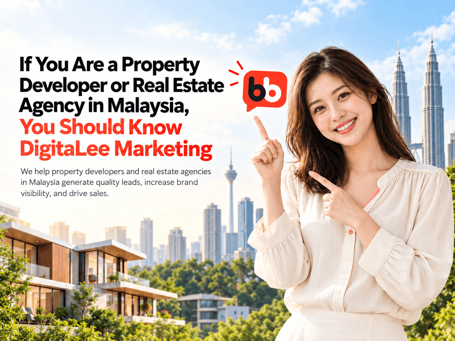 DigitaLee Marketing property marketing feature artwork with a presenter and Kuala Lumpur skyline